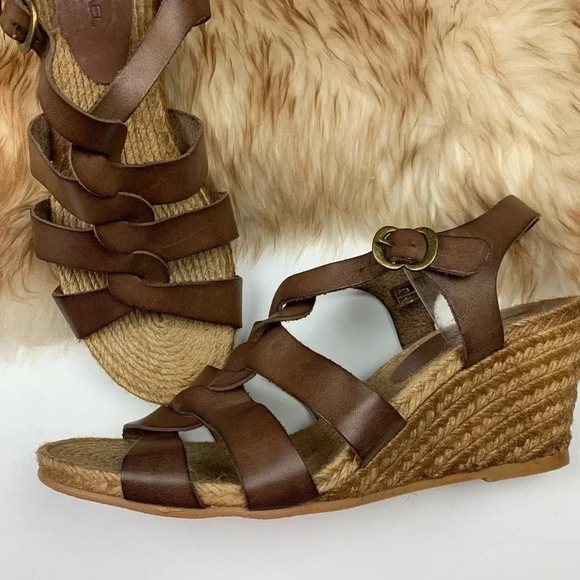 Eric Michael Brown Leather Wedge Espadrille Sandals Hobo Woven - Picture 6 of 6